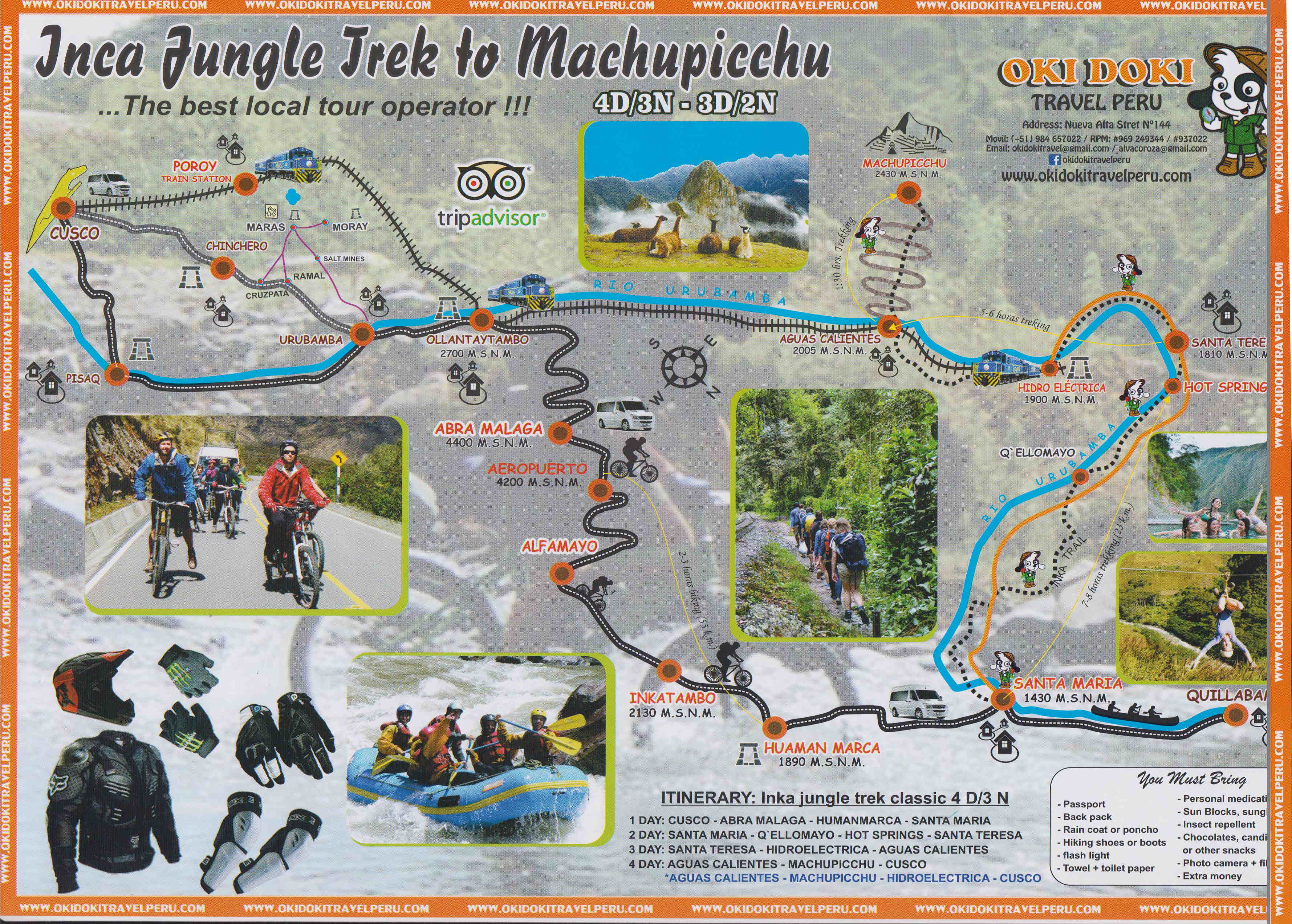 TOURS MAP: Inka Jungle Trek to Machu Picchu 4 days return by train last day - Okidoki Travel Peru